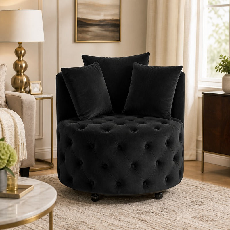 Black velvet swivel chair in a warm American living room
