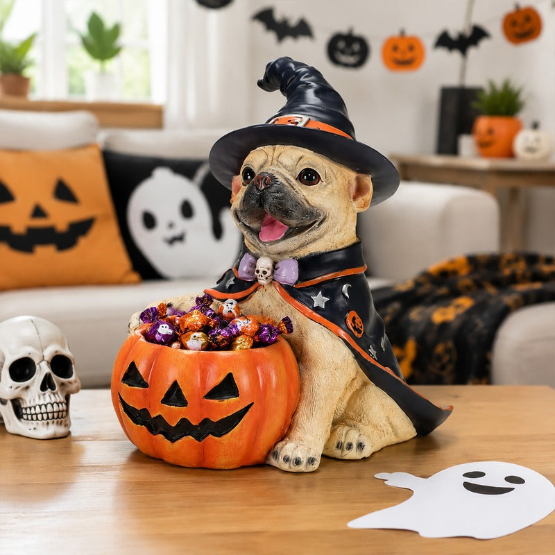 Halloween French Bulldog candy bowl figurine front view with witch hat and pumpkin