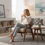 Mid-century modern accent chair in a bright living room reading corner