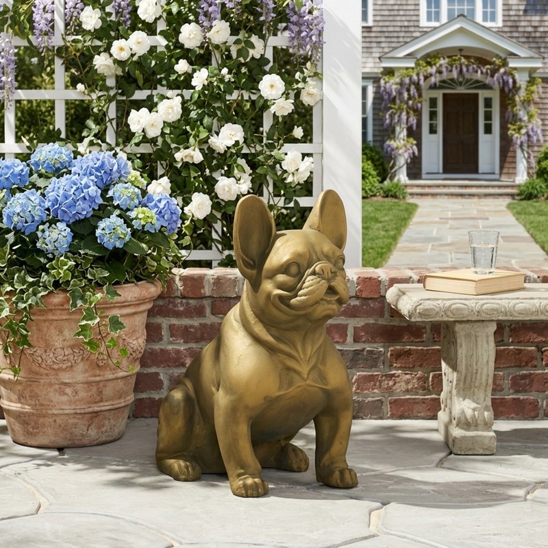 Rustic gold French bulldog garden statue product image 2