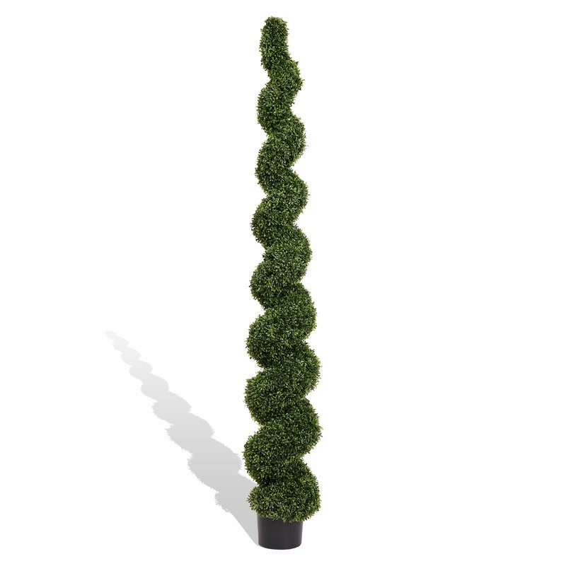 7FT Artificial Spiral Boxwood Topiary Tree styled for porch and entryway decor
