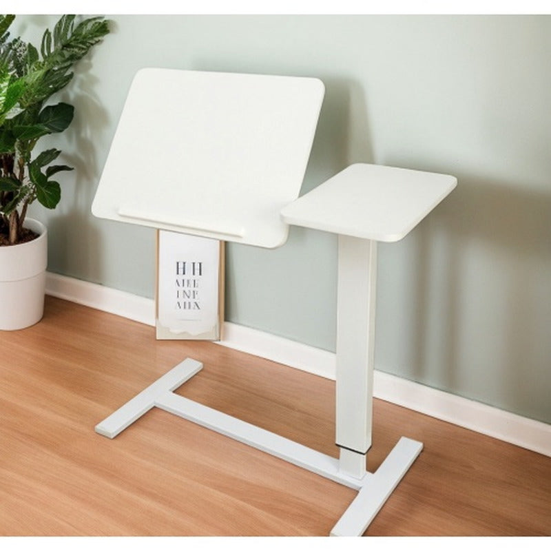 White overbed table with tilting desktop book holder and fixed side tray