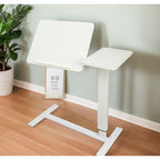 White overbed table with tilting desktop book holder and fixed side tray