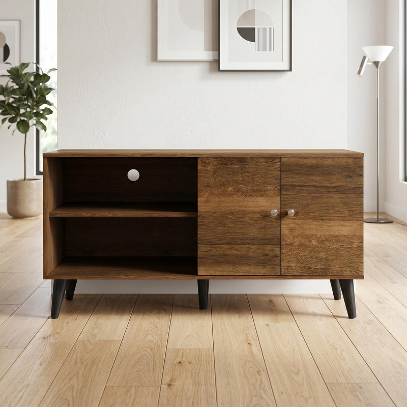 Brown woodgrain TV stand front view with open shelf and storage cabinet