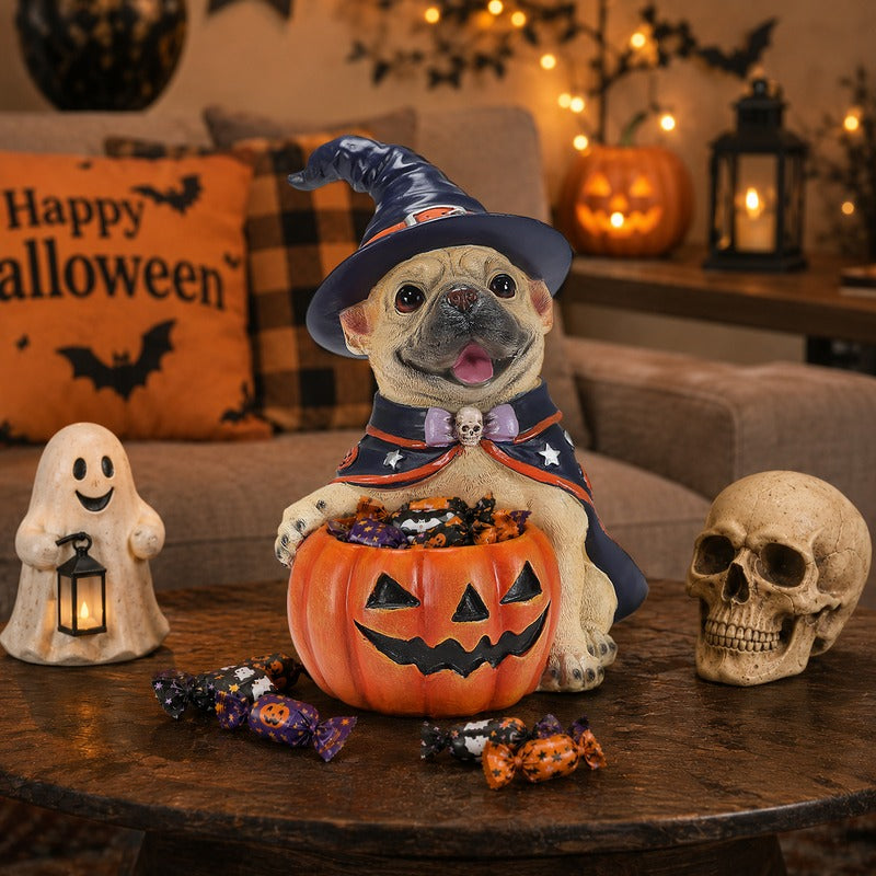 Halloween French Bulldog witch puppy figurine holding pumpkin candy bowl