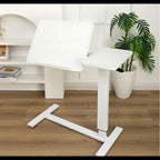 Adjustable white overbed laptop table with rolling base angle view