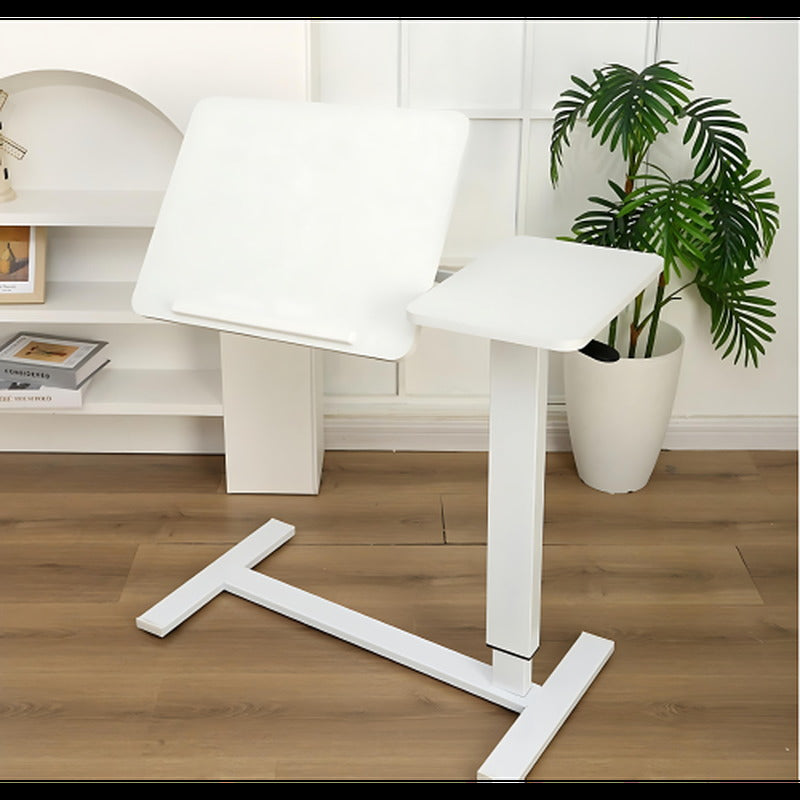 Adjustable white overbed laptop table with rolling base angle view