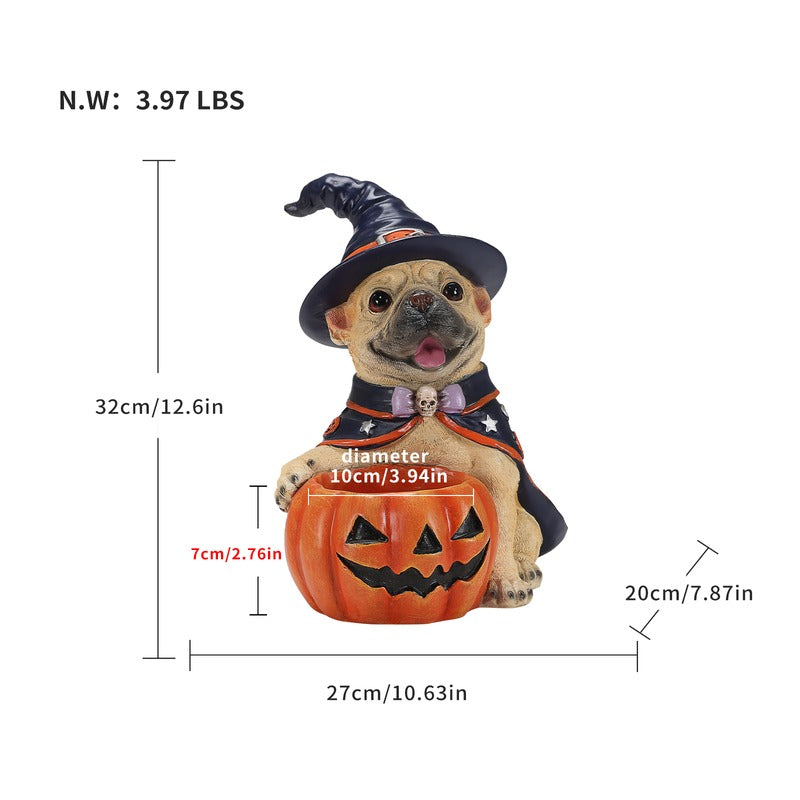 Resin French Bulldog Halloween decoration side view with cape and pumpkin