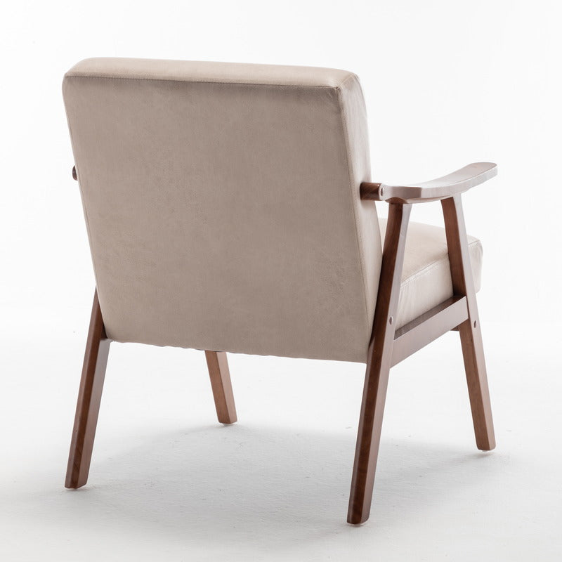 Rear side view showing upholstered back and wood frame