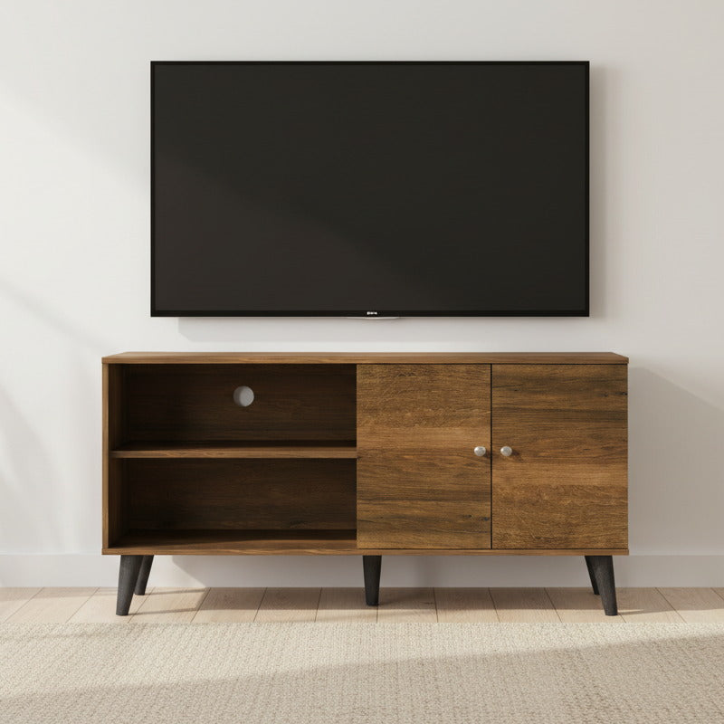 Brown TV stand in living room with television and compact media storage