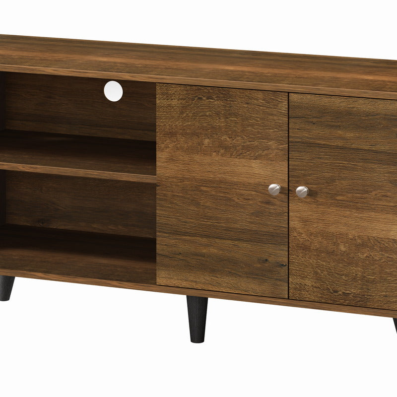 Brown TV stand cutout view showing open shelving and cabinet doors