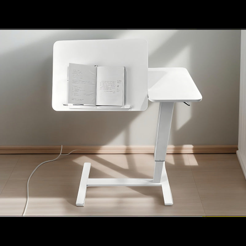 Top view of white overbed table showing tilting desktop and side tray