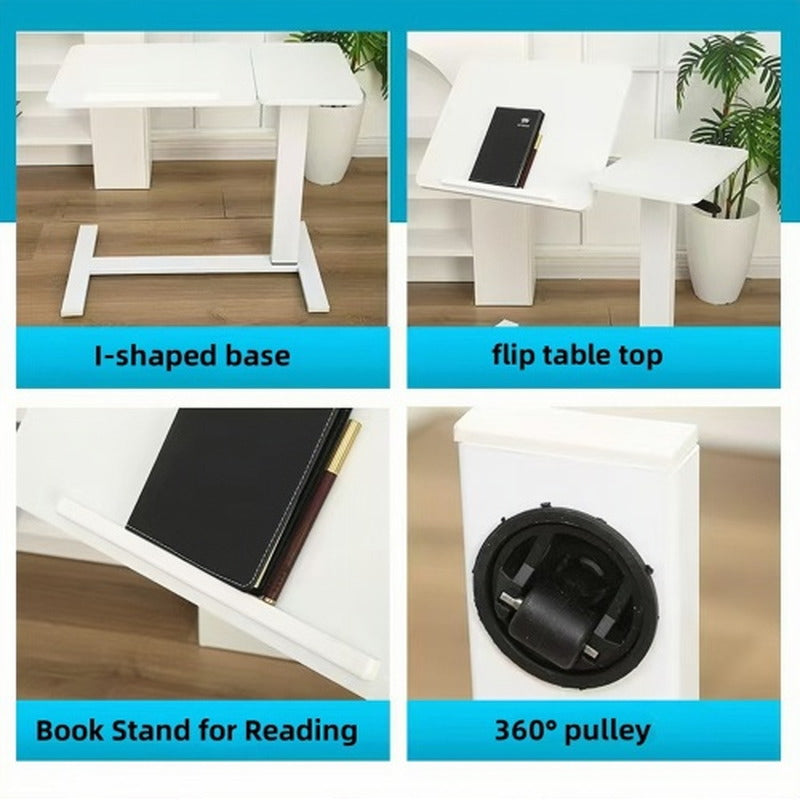 Overbed table feature details showing I-shaped base flip top book stand and rolling wheels