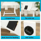 Overbed table feature details showing I-shaped base flip top book stand and rolling wheels