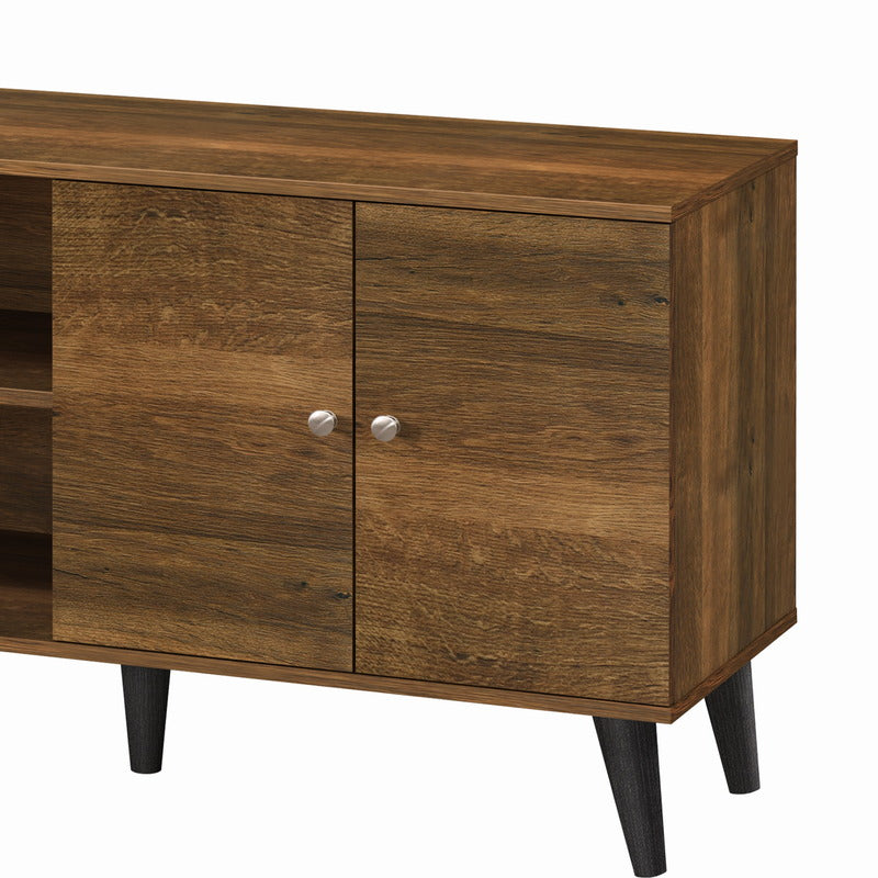 Two-door cabinet storage detail on modern brown TV stand