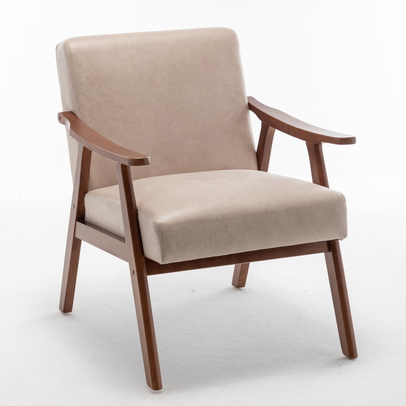 Beige upholstered accent chair with wood frame front angle view