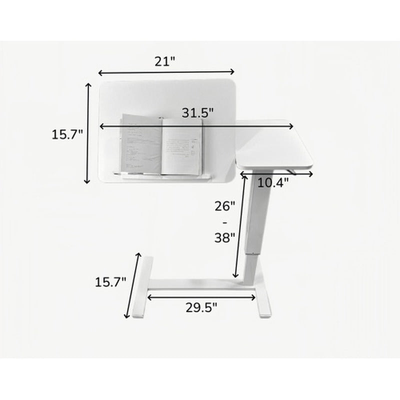 Size guide for white adjustable overbed laptop table with 26 to 38 inch height range