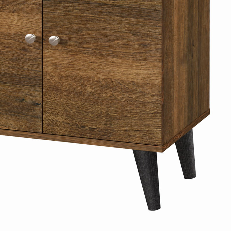 Splayed leg and woodgrain cabinet detail on brown TV stand