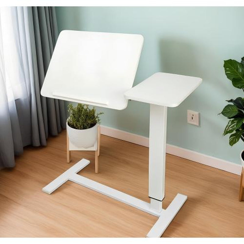 Side angle view of adjustable rolling overbed table in white