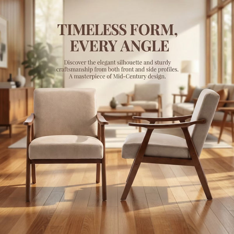 Mid-century accent chair front and side profile with wood frame