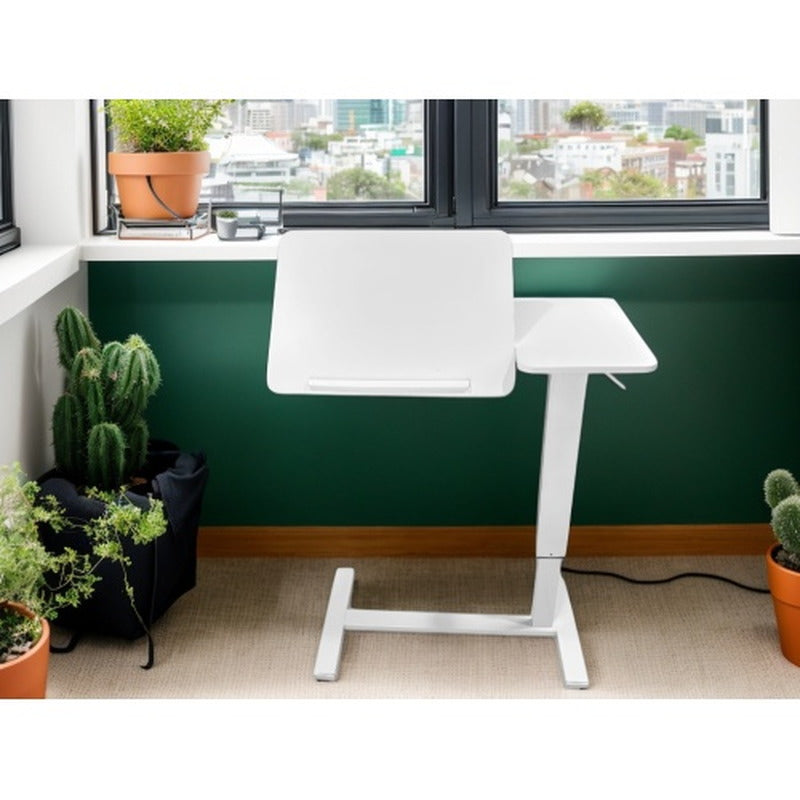 White adjustable overbed table styled near a bright window