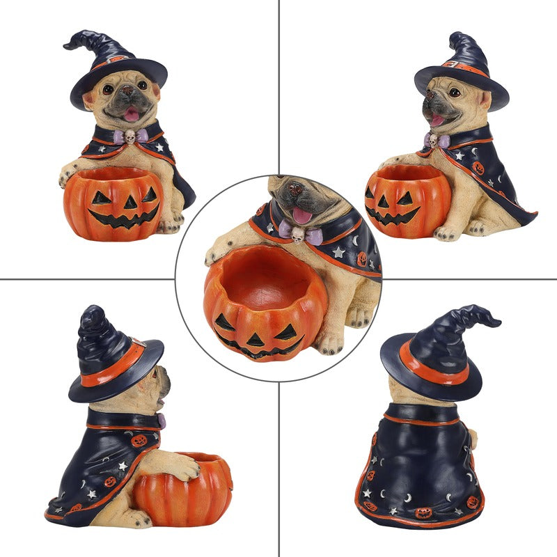 Pumpkin candy bowl detail on cute Halloween puppy figurine