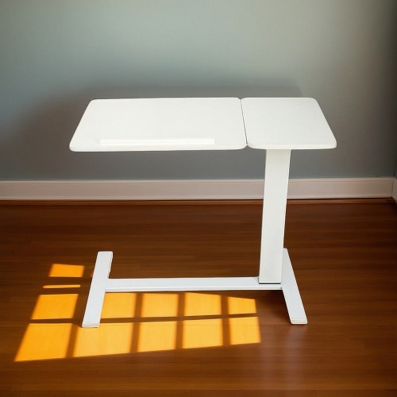 Front view of white height adjustable overbed table