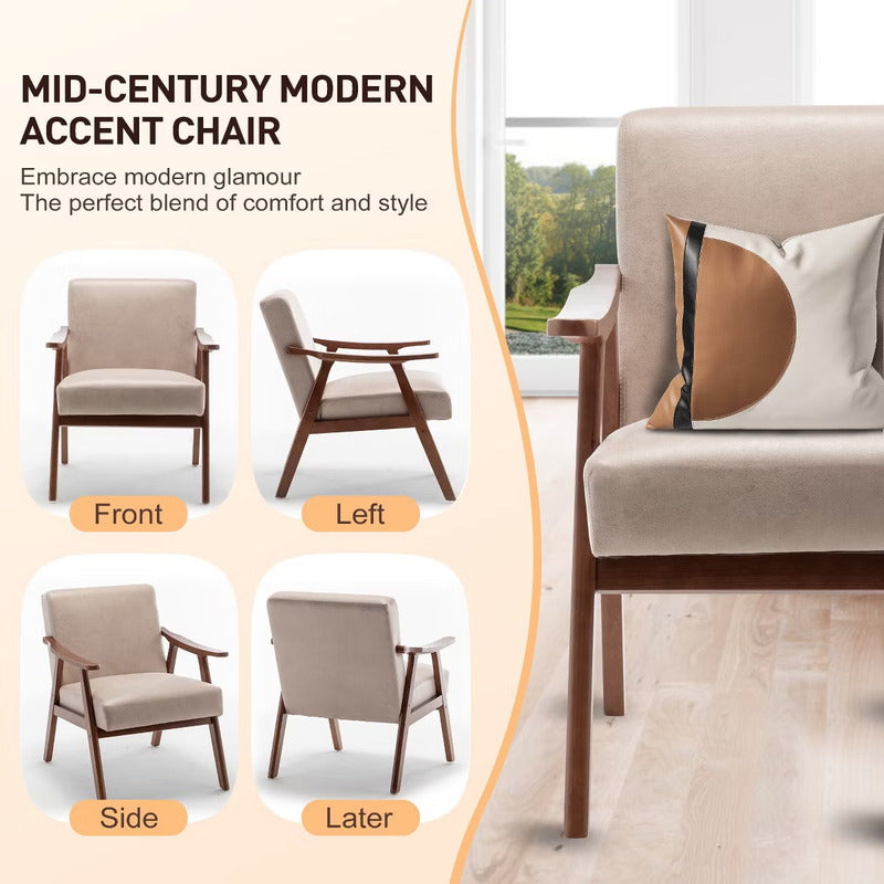 Mid-century accent chair feature overview with front and side views