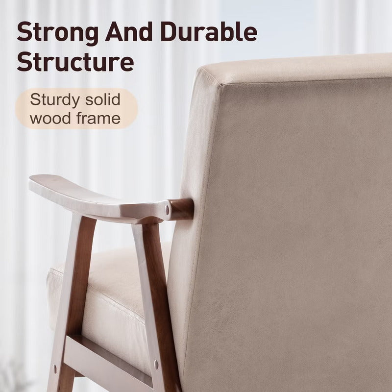 Solid wood frame detail on beige upholstered accent chair