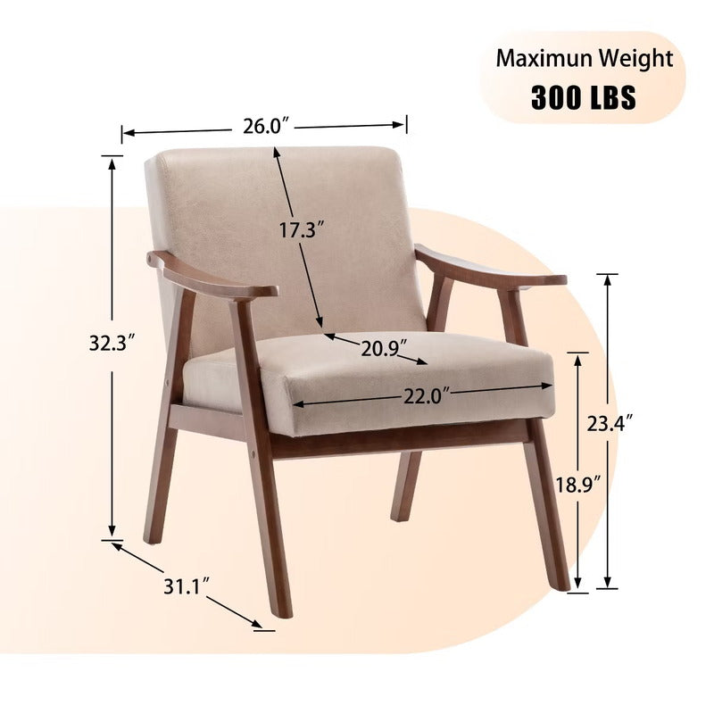 Size guide for beige mid-century accent chair with 300 lb capacity