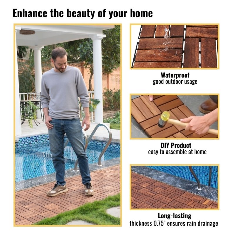Premium Interlocking Acacia Hardwood Deck Tiles (12" x 12" x 0.8")