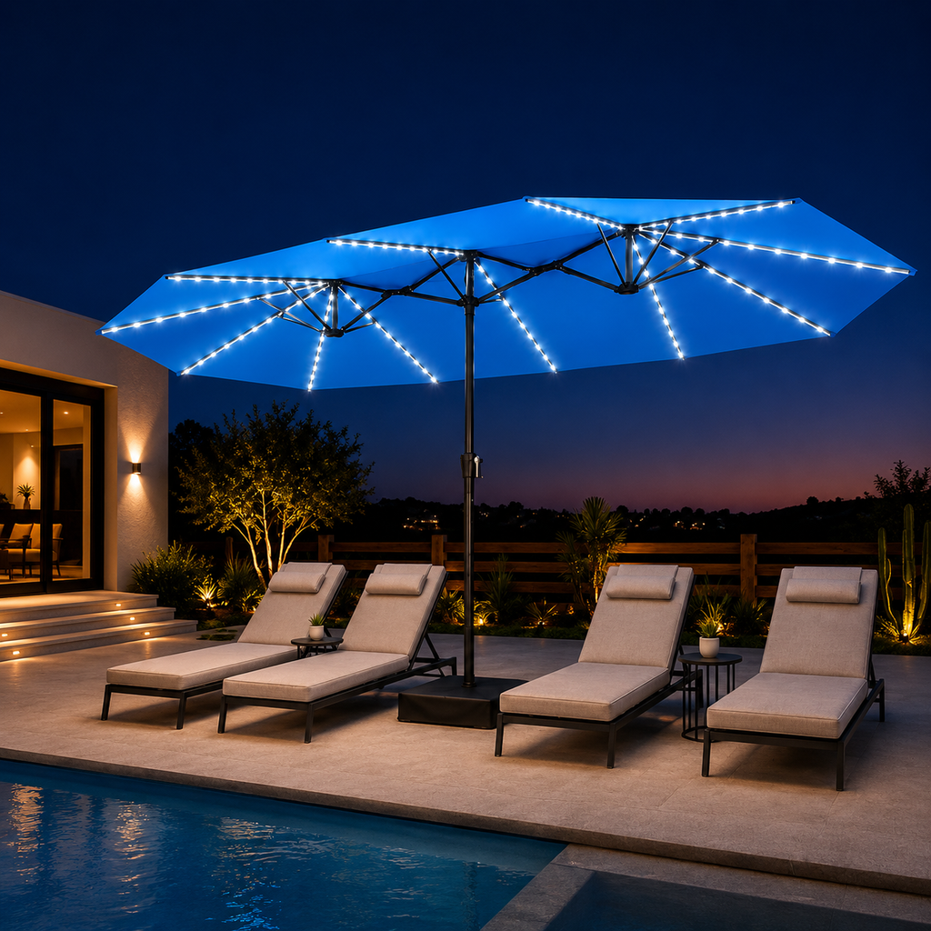 Modernein Double-Sided Patio Umbrella with Solar Light and Base - 15x9 FT