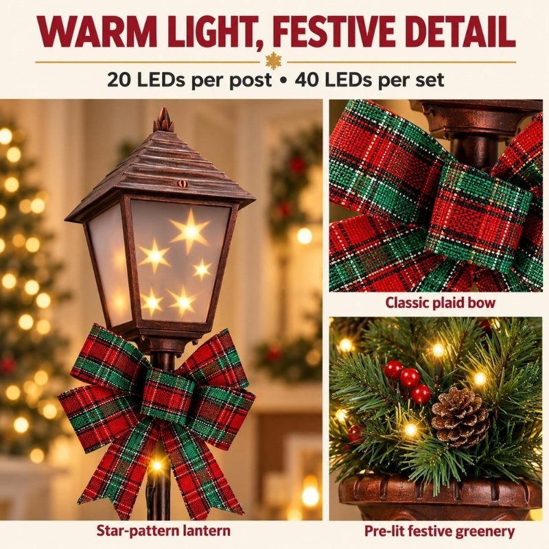 Pre-Lit Christmas Lamp Post Urn Decorations - Set of 2