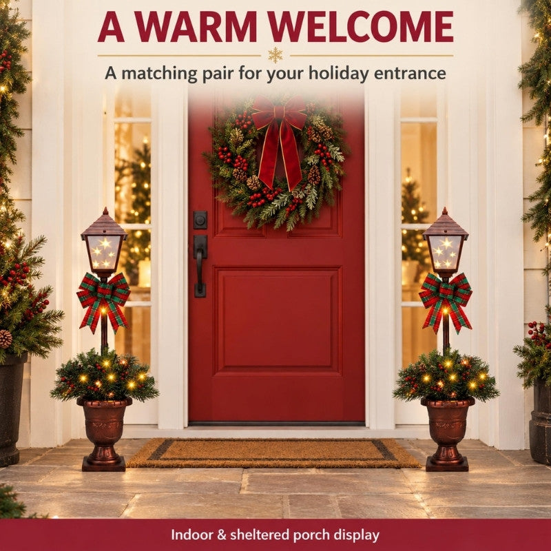 Pre-Lit Christmas Lamp Post Urn Decorations - Set of 2
