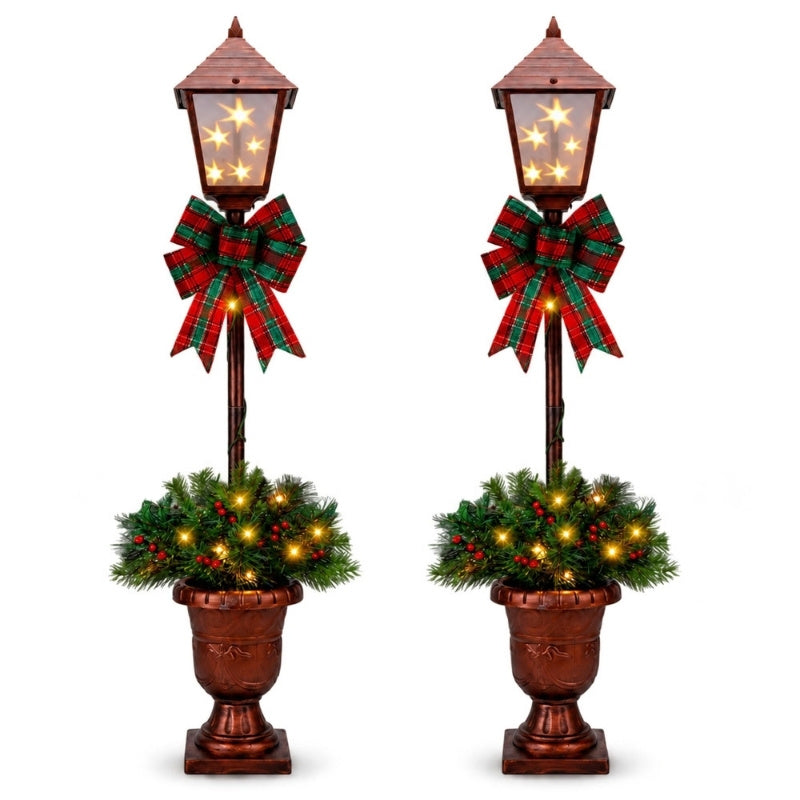 Pre-Lit Christmas Lamp Post Urn Decorations - Set of 2