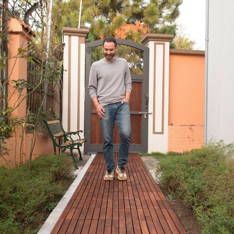 Modernein Interlocking Acacia Hardwood Striped Pattern Deck Tiles - 12" x 12"