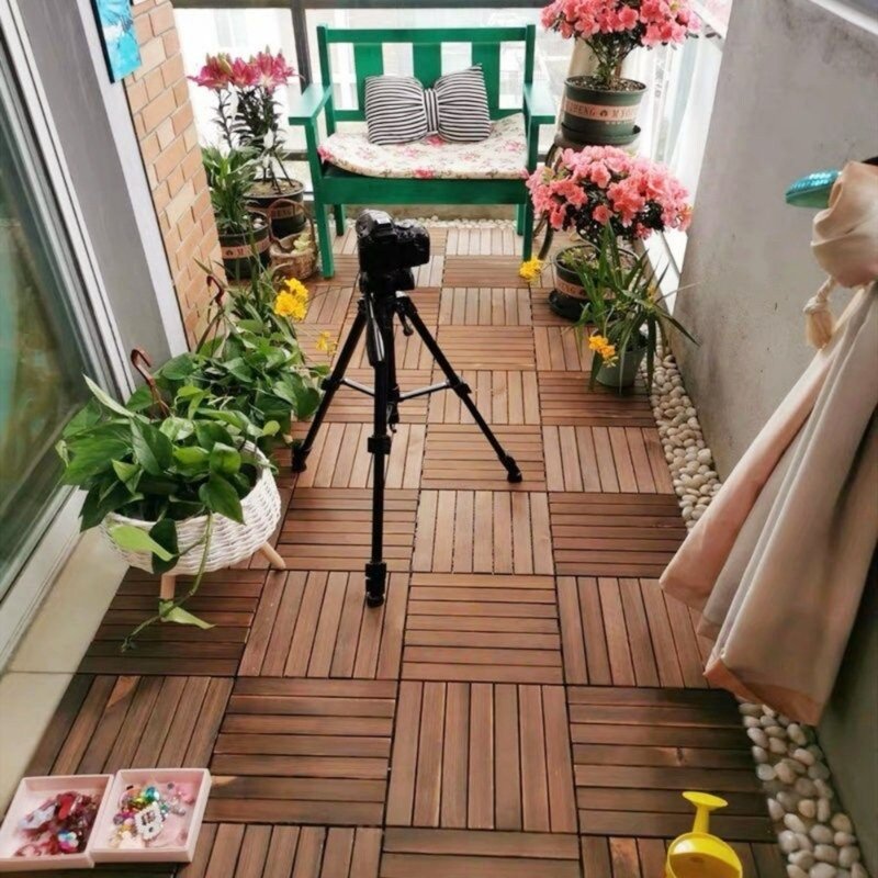 Modernein Interlocking Acacia Hardwood Striped Pattern Deck Tiles - 12" x 12"
