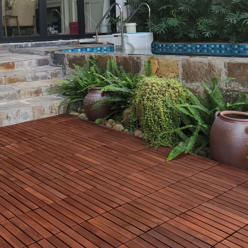 Modernein Interlocking Acacia Hardwood Striped Pattern Deck Tiles - 12" x 12"