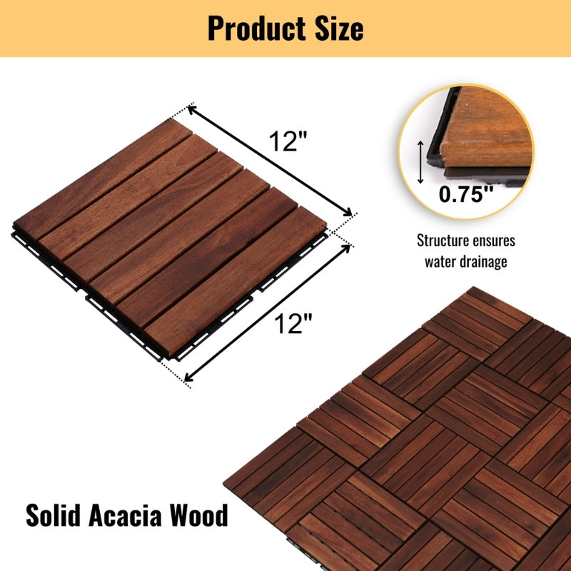 Modernein Interlocking Acacia Hardwood Striped Pattern Deck Tiles - 12" x 12"