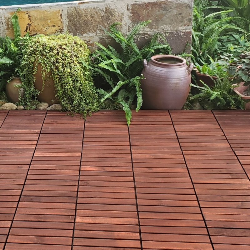 Modernein Interlocking Acacia Hardwood Striped Pattern Deck Tiles - 12" x 12"