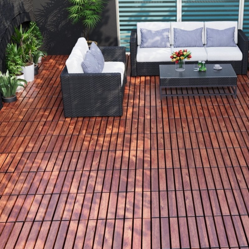 Modernein Interlocking Acacia Hardwood Striped Pattern Deck Tiles - 12" x 12"