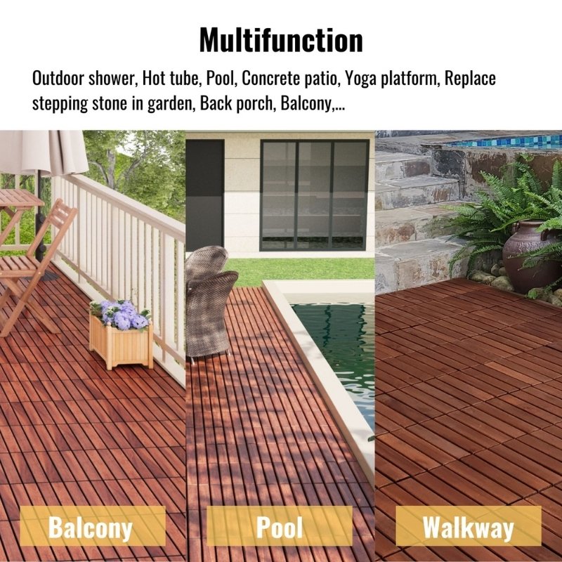 Modernein Interlocking Acacia Hardwood Striped Pattern Deck Tiles - 12" x 12"