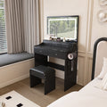 Modern Black Makeup Vanity Set with Power Outlet, Hair Dryer Holder and Adjustable Lighting