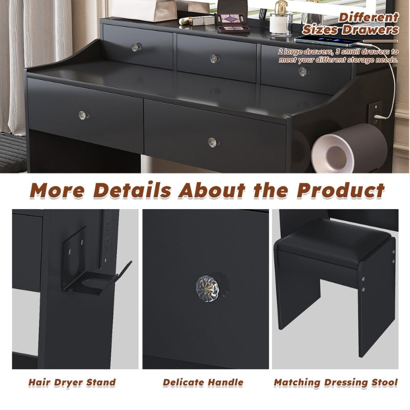 Modern Black Makeup Vanity Set with Power Outlet, Hair Dryer Holder and Adjustable Lighting