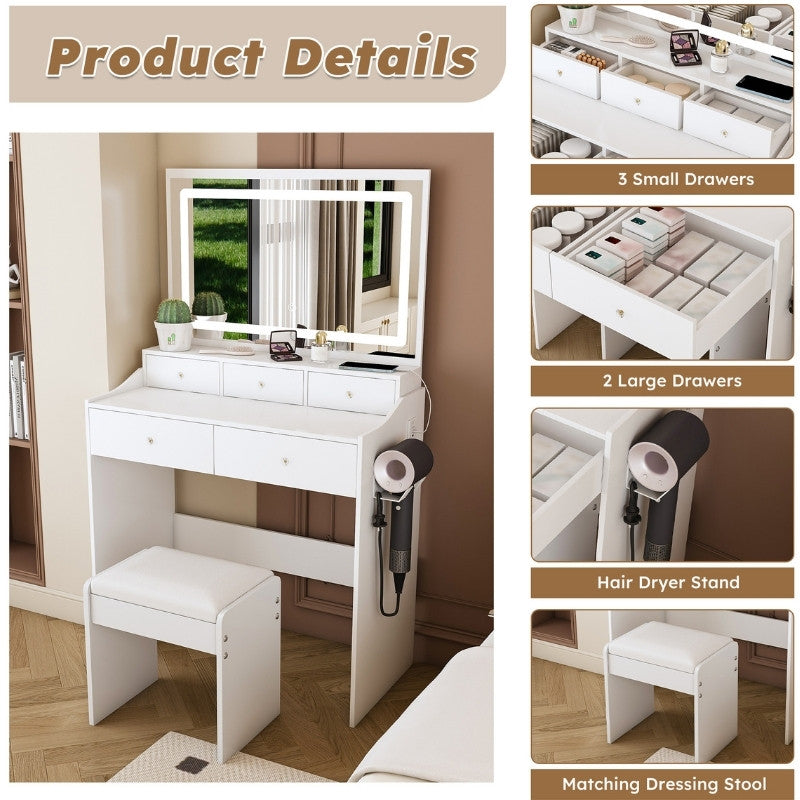 Modern White Makeup Vanity Set with Power Outlet, Hair Dryer Holder and Adjustable Lighting