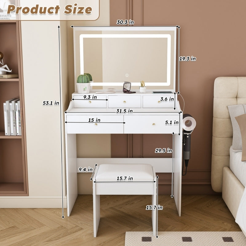 Modern White Makeup Vanity Set with Power Outlet, Hair Dryer Holder and Adjustable Lighting