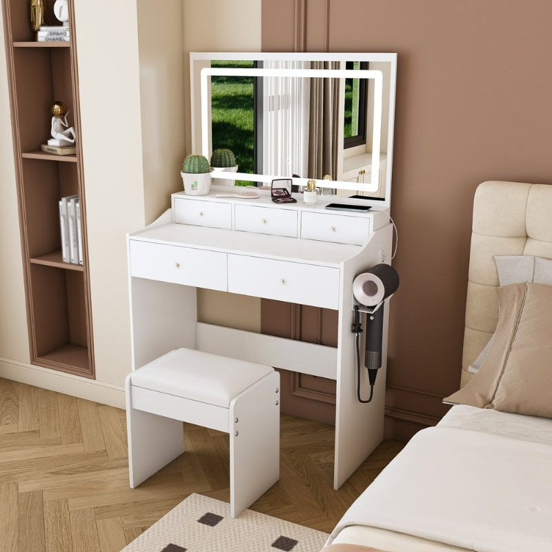 Modern White Makeup Vanity Set with Power Outlet, Hair Dryer Holder and Adjustable Lighting