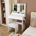 Modern White Makeup Vanity Set with Power Outlet, Hair Dryer Holder and Adjustable Lighting