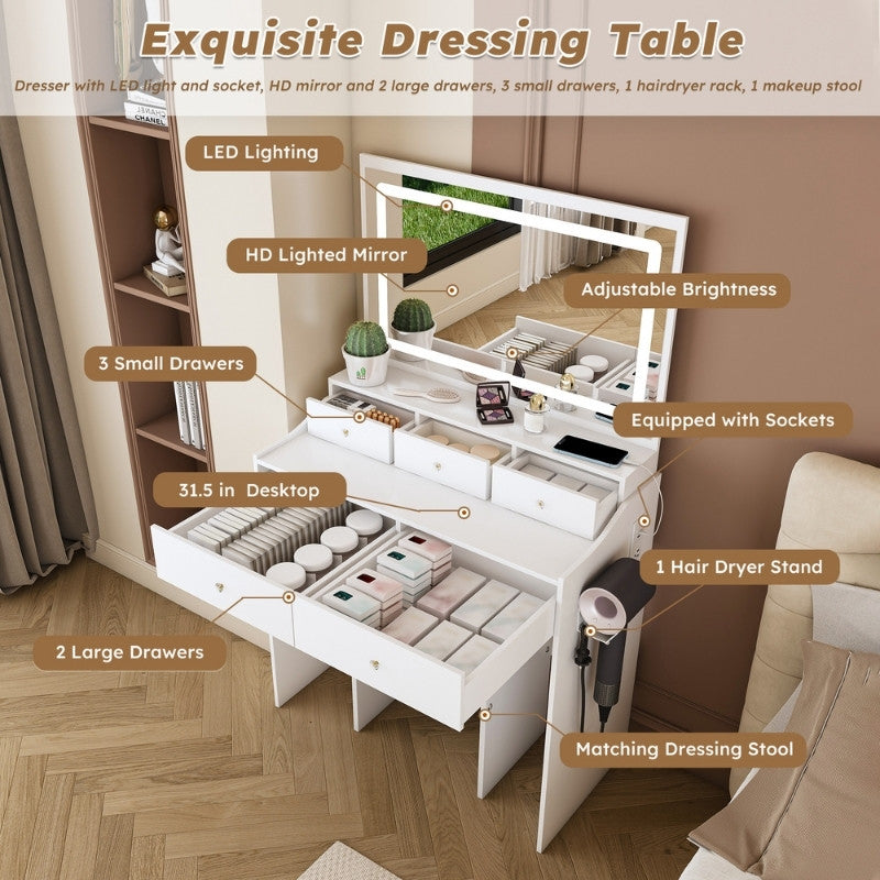 Modern White Makeup Vanity Set with Power Outlet, Hair Dryer Holder and Adjustable Lighting