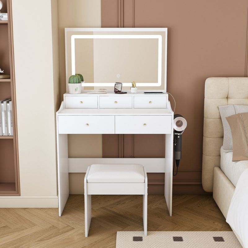 Modern White Makeup Vanity Set with Power Outlet, Hair Dryer Holder and Adjustable Lighting